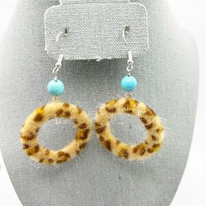 Fun Party Fuzzy Leopard Print Hoop Dangle Earrings with Faux Turquoise Bead